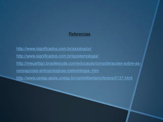Referencias

http://www.significados.com.br/axiologico/
http://www.significados.com.br/epistemologia/
http://meuartigo.brasilescola.com/educacao/consideracoes-sobre-asconcepcoes-antropologicas-metodologia-.htm
http://www.cedap.assis.unesp.br/cantolibertario/textos/0137.html

 