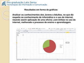 Resultados em forma de gráficos 
Analisar os conhecimentos dos Jovens e Adultos, no que diz 
respeito ao conhecimento de informática e o uso da internet, 
visando assim aplicação de uma oficina ,com ênfase no uso da 
internet, melhorado o processo de ensino e aprendizagem. 
 