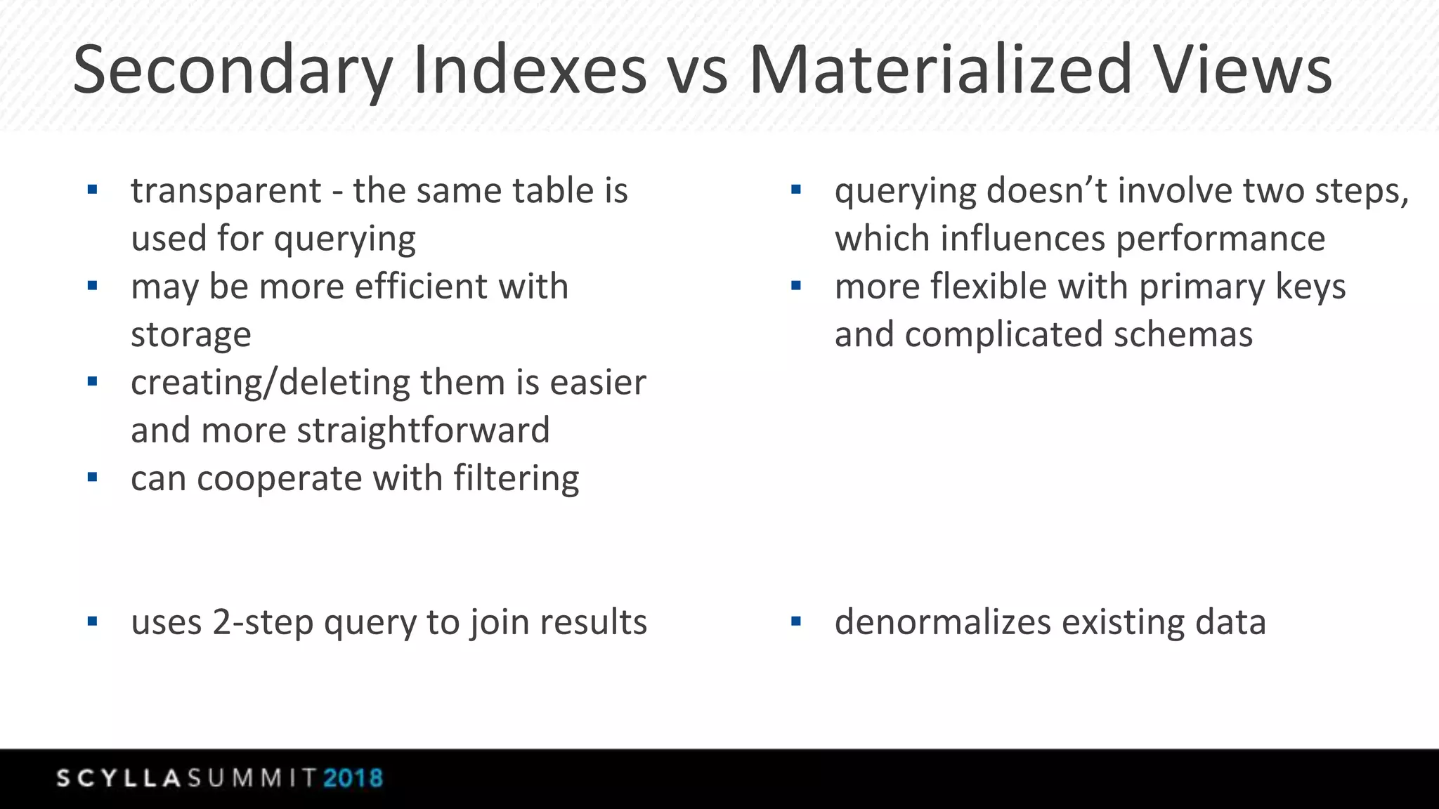 Secondary Indexes vs Materialized Views
▪ transparent - the same table is
used for querying
▪ may be more efficient with
storage
▪ creating/deleting them is easier
and more straightforward
▪ can cooperate with filtering
▪ uses 2-step query to join results
▪ querying doesn’t involve two steps,
which influences performance
▪ more flexible with primary keys
and complicated schemas
▪ denormalizes existing data
 