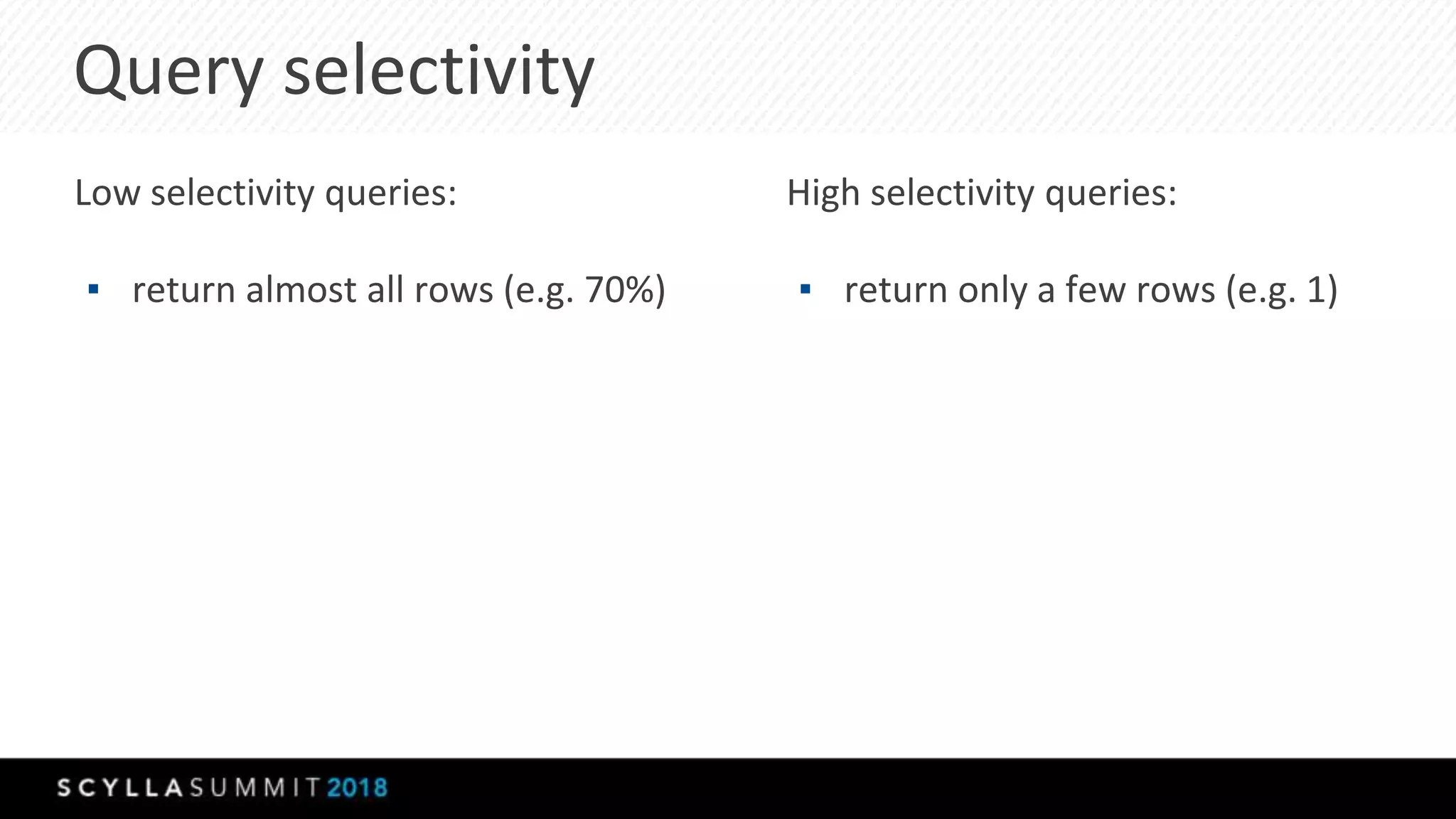 Query selectivity
Low selectivity queries:
▪ return almost all rows (e.g. 70%)
High selectivity queries:
▪ return only a few rows (e.g. 1)
 