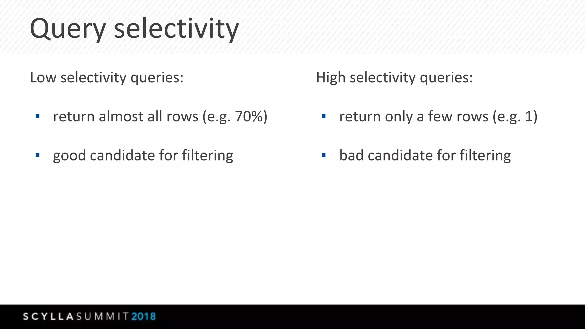 Query selectivity
Low selectivity queries:
▪ return almost all rows (e.g. 70%)
▪ good candidate for filtering
High selectivity queries:
▪ return only a few rows (e.g. 1)
▪ bad candidate for filtering
 