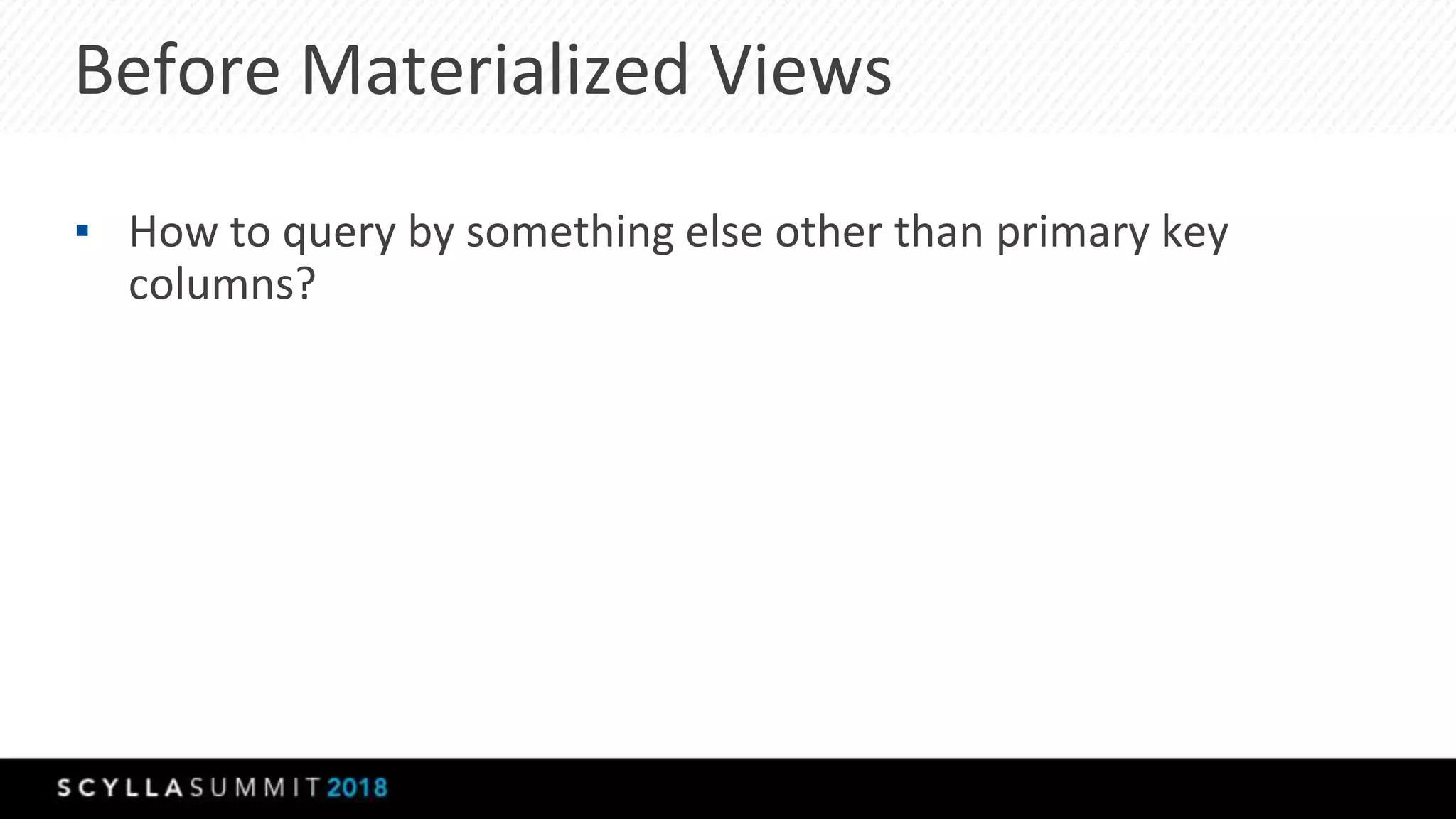 Before Materialized Views
▪ How to query by something else other than primary key
columns?
 