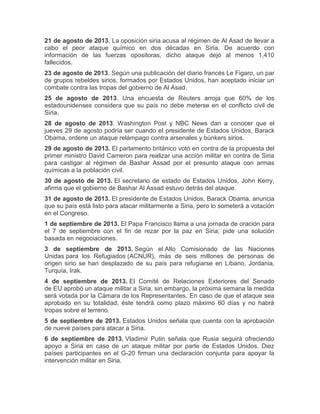 21 de agosto de 2013. La oposición siria acusa al régimen de Al Asad de llevar a
cabo el peor ataque químico en dos décadas en Siria. De acuerdo con
información de las fuerzas opositoras, dicho ataque dejó al menos 1,410
fallecidos.
23 de agosto de 2013. Según una publicación del diario francés Le Figaro, un par
de grupos rebeldes sirios, formados por Estados Unidos, han aceptado iniciar un
combate contra las tropas del gobierno de Al Asad.
25 de agosto de 2013. Una encuesta de Reuters arroja que 60% de los
estadounidenses considera que su país no debe meterse en el conflicto civil de
Siria.
28 de agosto de 2013. Washington Post y NBC News dan a conocer que el
jueves 29 de agosto podría ser cuando el presidente de Estados Unidos, Barack
Obama, ordene un ataque relámpago contra arsenales y búnkers sirios.
29 de agosto de 2013. El parlamento británico votó en contra de la propuesta del
primer ministro David Cameron para realizar una acción militar en contra de Siria
para castigar al régimen de Bashar Assad por el presunto ataque con armas
químicas a la población civil.
30 de agosto de 2013. El secretario de estado de Estados Unidos, John Kerry,
afirma que el gobierno de Bashar Al Assad estuvo detrás del ataque.
31 de agosto de 2013. El presidente de Estados Unidos, Barack Obama, anuncia
que su país está listo para atacar militarmente a Siria, pero lo someterá a votación
en el Congreso.
1 de septiembre de 2013. El Papa Francisco llama a una jornada de oración para
el 7 de septiembre con el fin de rezar por la paz en Siria; pide una solución
basada en negociaciones.
3 de septiembre de 2013. Según el Alto Comisionado de las Naciones
Unidas para los Refugiados (ACNUR), más de seis millones de personas de
origen sirio se han desplazado de su país para refugiarse en Líbano, Jordania,
Turquía, Irak.
4 de septiembre de 2013. El Comité de Relaciones Exteriores del Senado
de EU aprobó un ataque militar a Siria, sin embargo, la próxima semana la medida
será votada por la Cámara de los Representantes. En caso de que el ataque sea
aprobado en su totalidad, éste tendrá como plazo máximo 60 días y no habrá
tropas sobre el terreno.
5 de septiembre de 2013. Estados Unidos señala que cuenta con la aprobación
de nueve países para atacar a Siria.
6 de septiembre de 2013. Vladimir Putin señala que Rusia seguirá ofreciendo
apoyo a Siria en caso de un ataque militar por parte de Estados Unidos. Diez
países participantes en el G-20 firman una declaración conjunta para apoyar la
intervención militar en Siria.

 