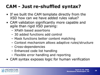CAM - Just re-shuffled syntax? If we built the CAM template directly from the XSD how can we have added rules value? CAM validation significantly more capable and agile than rigid XSD parsing: XPath based assertions 30 added functions add control  Mask functions better content matching Context mechanism allows adaptive rules/structure Cross-dependencies Enhanced code list handling Flexible error handling and reporting CAM syntax exposes logic for human verification 