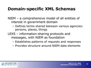 Domain-specific XML Schemas NIEM – a comprehensive model of all entities of interest in government domain Defines terms shared between various agencies: persons, places, things  LEXS – information-sharing protocols and messages, with NIEM as foundation Establishes patterns of requests and responses Provides structure around NIEM data elements 