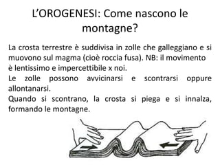 L’OROGENESI: Come nascono le 
montagne? 
La crosta terrestre è suddivisa in zolle che galleggiano e si 
muovono sul magma (cioè roccia fusa). NB: il movimento 
è lentissimo e impercettibile x noi. 
Le zolle possono avvicinarsi e scontrarsi oppure 
allontanarsi. 
Quando si scontrano, la crosta si piega e si innalza, 
formando le montagne. 
 