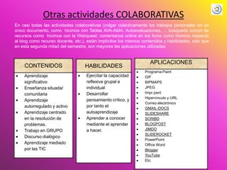 Otras actividades COLABORATIVAS
En casi todas las actividades colaborativas (colgar colectivamente los trabajos personales...