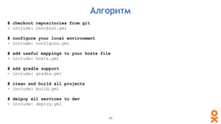 # checkout repositories from git
- include: checkout.yml
# configure your local environment
- include: configure.yml
# add useful mappings to your hosts file
- include: hosts.yml
# add gradle support
- include: gradle.yml
# clean and build all projects
- include: build.yml
# delpoy all services to dev
- include: deploy.yml
29
Алгоритм
 