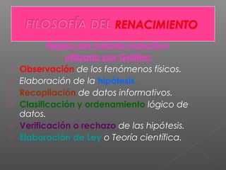 Reglas del método inductivo
utilizado por Galileo:
 Observación de los fenómenos físicos.
 Elaboración de la hipótesis.
 Recopilación de datos informativos.
 Clasificación y ordenamiento lógico de
datos.
 Verificación o rechazo de las hipótesis.
 Elaboración de Ley o Teoría científica.
 