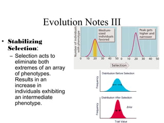 Evolution Notes III
• Stabilizing
Selection:
– Selection acts to
eliminate both
extremes of an array
of phenotypes.
Results in an
increase in
individuals exhibiting
an intermediate
phenotype.
 