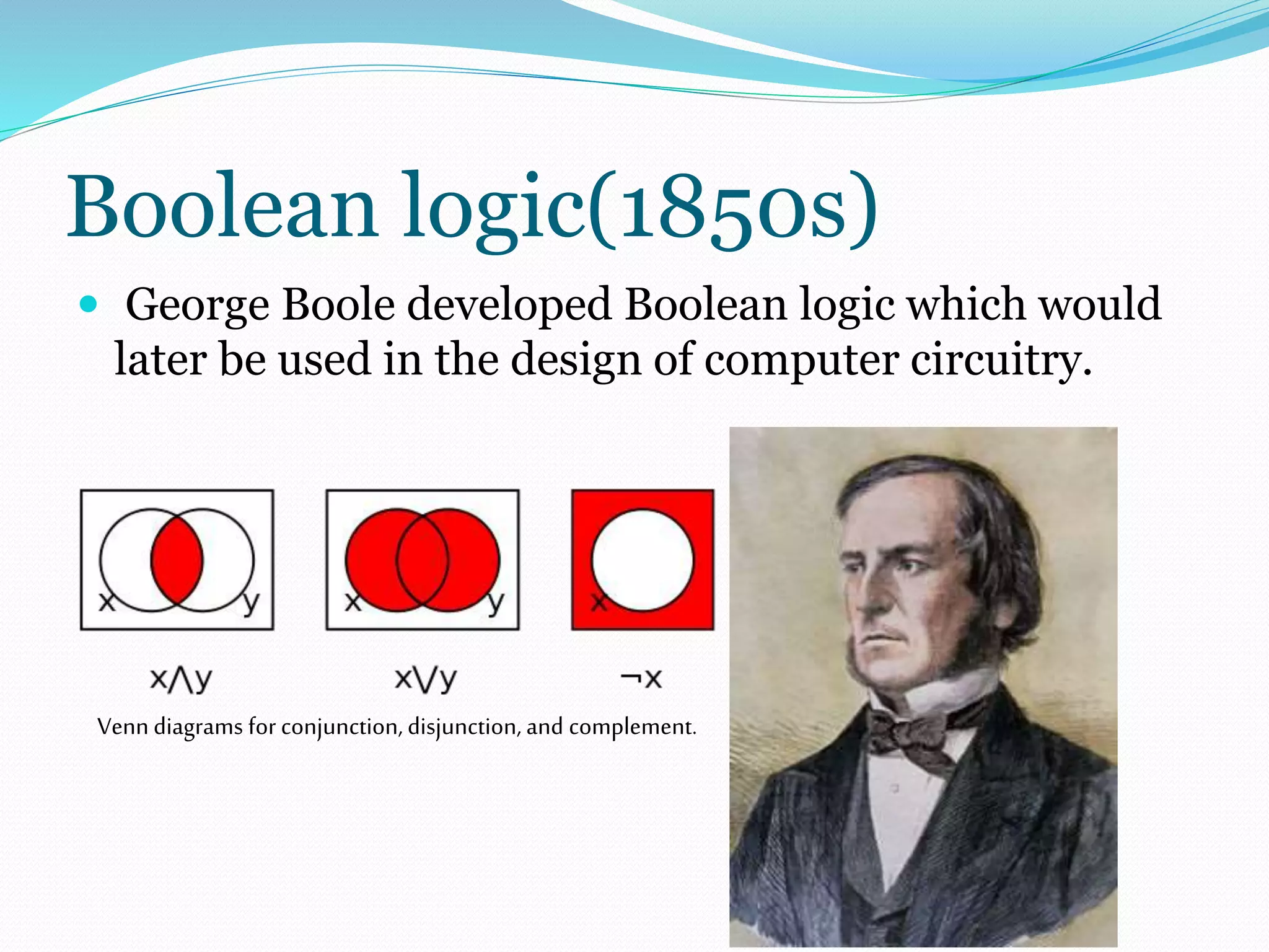 Boolean logic(1850s) 
 George Boole developed Boolean logic which would 
later be used in the design of computer circuitry. 
Venn diagrams for conjunction, disjunction, and complement. 
 