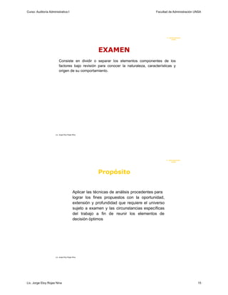 Curso: Auditoría Administrativa I                                                       Facultad de Administración UNSA




                                                                                                F. Administraci ón
                                                                                                     UN SA




                                                         EXAMEN
                          Consiste en dividir o separar los elementos componentes de los
                          factores bajo revisión para conocer la naturaleza, características y
                          origen de su comportamiento.




                      Lic. Jorge Eloy Rojas Nina




                                                                                                F. Administraci ón
                                                                                                     U N SA




                                                         Propósito


                                            Aplicar las técnicas de análisis procedentes para
                                            lograr los fines propuestos con la oportunidad,
                                            extensión y profundidad que requiere el universo
                                            sujeto a examen y las circunstancias específicas
                                            del trabajo a fin de reunir los elementos de
                                            decisión óptimos




                      Lic. Jorge Eloy Rojas Nina




Lic. Jorge Eloy Rojas Nina                                                                                           15
 
