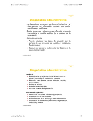 Curso: Auditoría Administrativa I                                                 Facultad de Administración UNSA




                                                                                           F. Admi ni stración
                                                                                                U N SA




                                             Diagnóstico administrativo
                                   La diagnosis es un recurso que traduce los hechos y
                                     circunstancias en información concreta que puede
                                     cuantificarse y cualificarse
                                   Evalúa tendencias y situaciones para formular propuesta
                                    interpretativa o modelo analítico de la realidad de la
                                    organización
                                   Marco de referencia
                                        Permite establecer las bases de actuación con la
                                         certeza de que enmarca las variables y estrategias
                                         fundamentales
                                        Después de planear e instrumentar se dispone de la
                                         siguiente información

                      Lic. Jorge Eloy Rojas Nina




                                                                                           F. Admi ni stración
                                                                                                U N SA




                                             Diagnóstico administrativo
                                Contexto
                                  Fisonomía de la organización de acuerdo con su
                                   situación actual y su trayectoria histórica
                                  Mecánica para generar bienes, servicios, capital y
                                   conocimiento
                                  Esfera de acción
                                  Posición en el mercado
                                  Ciclo de vida de la organización


                                Información operativa
                                   Gestión de funciones, procesos y proyectos
                                   Coordinación de las acciones
                                   Administración de la tecnología de la información
                                   Análisis de la interacción planeación, organización,
                                    dirección y control
                      Lic. Jorge Eloy Rojas Nina




Lic. Jorge Eloy Rojas Nina                                                                                       20
 