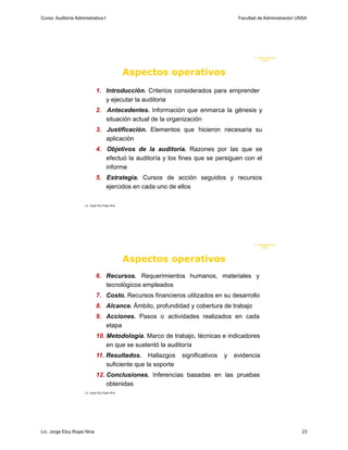 Curso: Auditoría Administrativa I                                                    Facultad de Administración UNSA




                                                                                            F. Administraci ón
                                                                                                 UN SA




                                                   Aspectos operativos
                               1. Introducción. Criterios considerados para emprender
                                  y ejecutar la auditoria
                               2. Antecedentes. Información que enmarca la génesis y
                                  situación actual de la organización
                               3. Justificación. Elementos que hicieron necesaria su
                                  aplicación
                               4. Objetivos de la auditoria. Razones por las que se
                                  efectuó la auditoría y los fines que se persiguen con el
                                  informe
                               5. Estrategia. Cursos de acción seguidos y recursos
                                  ejercidos en cada uno de ellos

                      Lic. Jorge Eloy Rojas Nina




                                                                                            F. Administraci ón
                                                                                                 UN SA




                                                   Aspectos operativos
                               6. Recursos. Requerimientos humanos, materiales y
                                  tecnológicos empleados
                               7. Costo. Recursos financieros utilizados en su desarrollo
                               8. Alcance. Ámbito, profundidad y cobertura de trabajo
                               9. Acciones. Pasos o actividades realizados en cada
                                  etapa
                               10. Metodología. Marco de trabajo, técnicas e indicadores
                                   en que se sustentó la auditoría
                               11. Resultados. Hallazgos       significativos   y   evidencia
                                   suficiente que la soporte
                               12. Conclusiones. Inferencias basadas en las pruebas
                                   obtenidas
                      Lic. Jorge Eloy Rojas Nina




Lic. Jorge Eloy Rojas Nina                                                                                       23
 