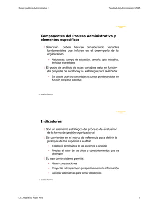 Curso: Auditoría Administrativa I                                                                Facultad de Administración UNSA




                                                                                                        F. Administraci ón
                                                                                                             U N SA




                         Componentes del Proceso Administrativo y
                         elementos específicos

                                Selección       deben hacerse considerando variables
                                     fundamentales que influyan en el desempeño de la
                                     organización
                                        •     Naturaleza, campo de actuación, tamaño, giro industrial,
                                              enfoque estratégico
                                El grado de análisis de estas variables esta en función
                                     del proyecto de auditoria y su estrategia para realizarlo
                                        •     Se puede usar los porcentajes o puntos ponderándolos en
                                              función del peso subjetivo




                      Lic. Jorge Eloy Rojas Nina




                                                                                                        F. Administraci ón
                                                                                                             U N SA




                         Indicadores

                                Son un elemento estratégico del proceso de evaluación
                                     de la forma de gestión organizacional
                                Se convierten en el marco de referencia para definir la
                                     jerarquía de los aspectos a auditar
                                        •     Establece prioridades de las acciones a analizar
                                        •     Precisa el valor de las cifras y comportamientos que se
                                              obtengan
                                Su uso como sistema permite:
                                        •     Hacer comparaciones
                                        •     Proyectar retrospectiva o prospectivamente la información
                                        •     Generar alternativas para tomar decisiones

                      Lic. Jorge Eloy Rojas Nina




Lic. Jorge Eloy Rojas Nina                                                                                                    7
 