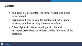 Control
• Analogue circuits control the lamp, heater, and other
power circuit.
• Digital circuit controls digital display, indicator lights,
buttons, switches forming the user interface.
• Other digital circuits include logic circuits and
microprocessor that coordinates all the functions of the
machine.
11
 