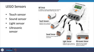 LEGO Sensors
• Touch sensor
• Sound sensor
• Light sensor
• Ultrasonic
sensor
15
 