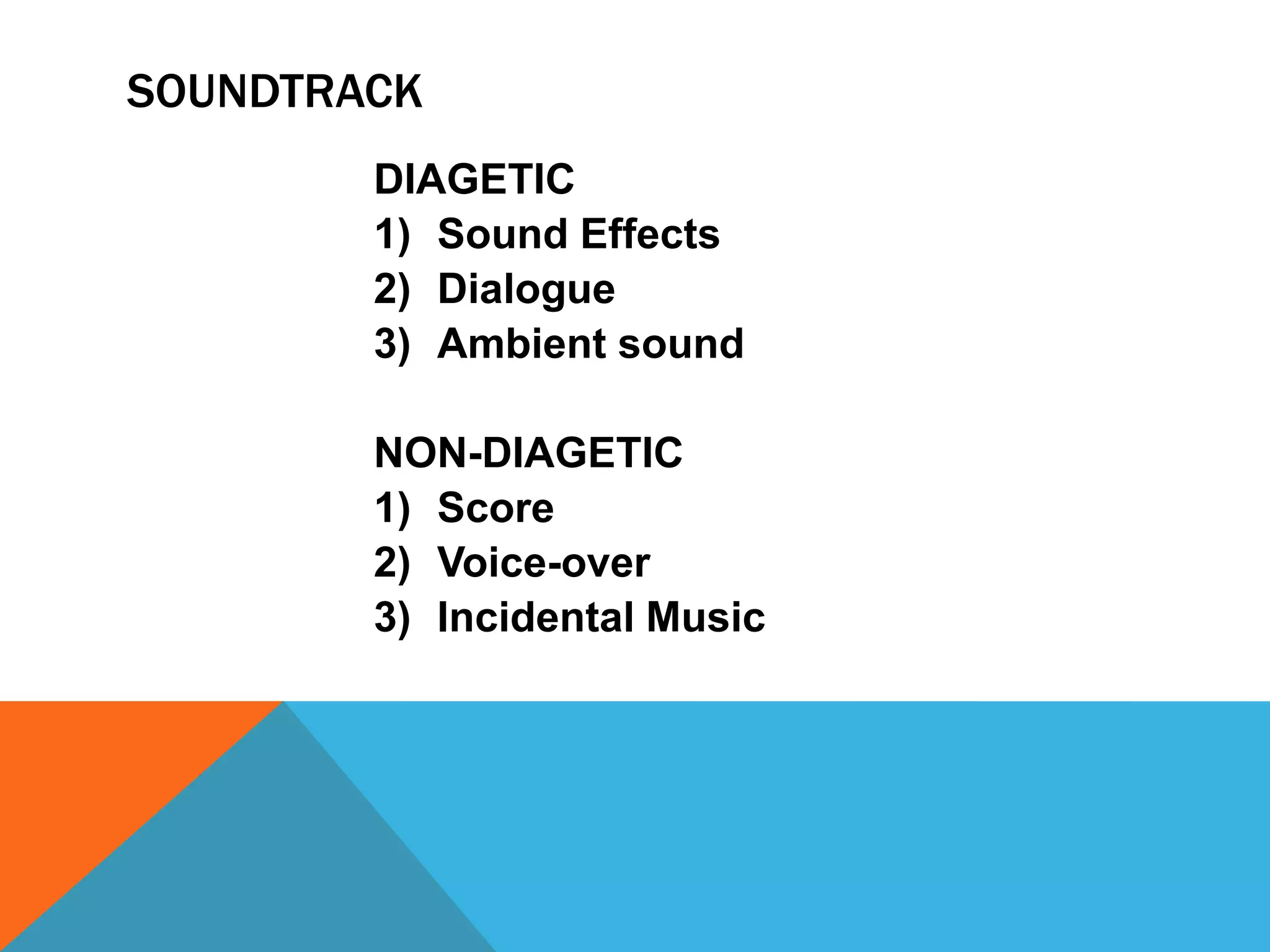 SOUNDTRACK
DIAGETIC
1) Sound Effects
2) Dialogue
3) Ambient sound
NON-DIAGETIC
1) Score
2) Voice-over
3) Incidental Music
 