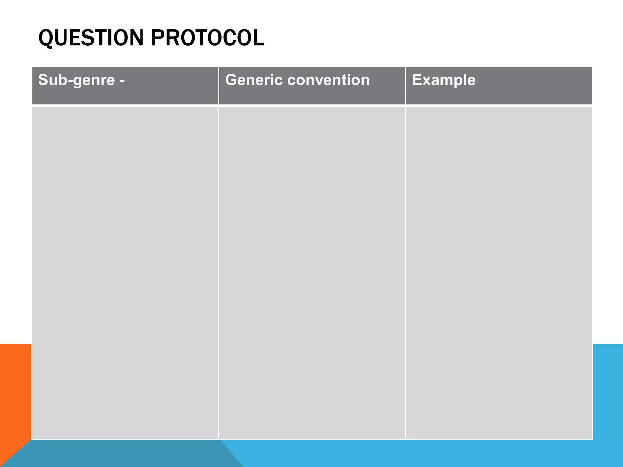 QUESTION PROTOCOL
Sub-genre - Generic convention Example
 