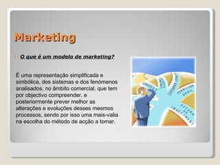 Marketing O que é um modelo de marketing? É uma representação simplificada e simbólica, dos sistemas e dos fenómenos analisados, no âmbito comercial, que tem por objectivo compreender, e posteriormente prever melhor as alterações e evoluções desses mesmos processos, sendo por isso uma mais-valia na escolha do método de acção a tomar.  