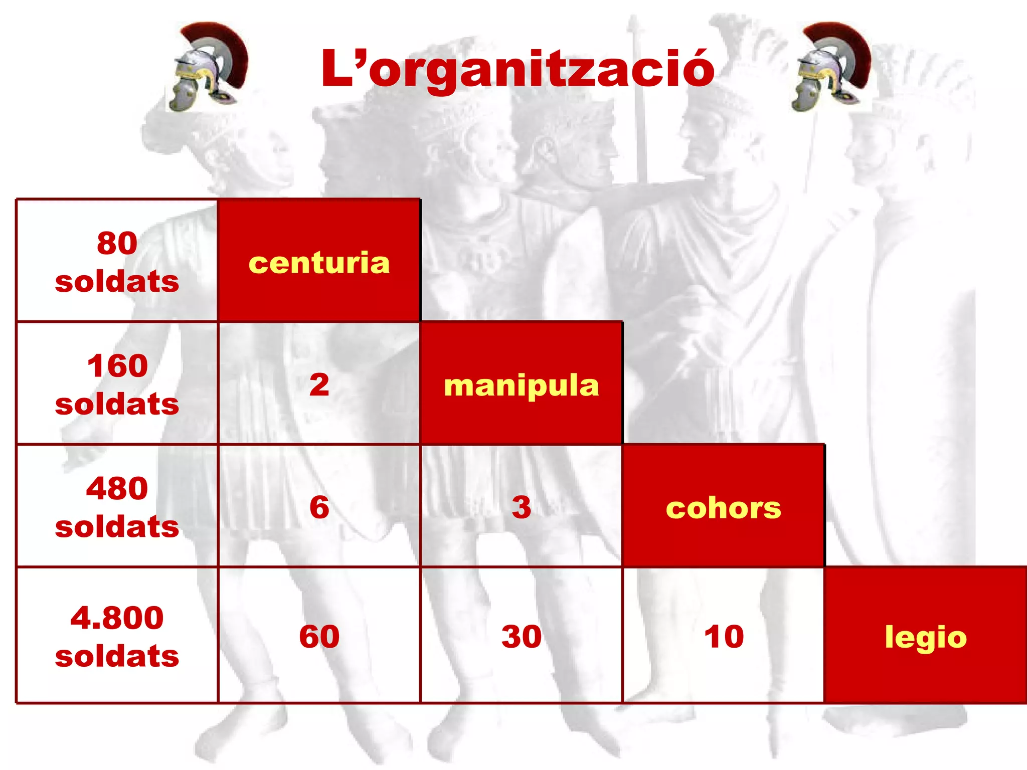 L’organització legio 10 30 60 4.800 soldats   cohors 3 6 480 soldats   manipula 2 160 soldats   centuria 80 soldats 