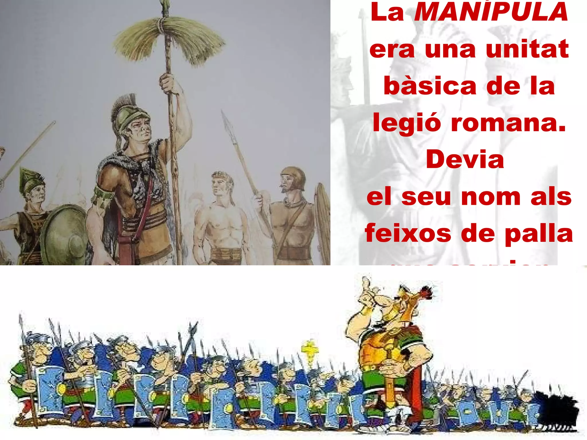 La  MANÍPULA  era una unitat bàsica de la legió romana. Devia  el seu nom als feixos de palla que servien d’ensenya als primers soldats 