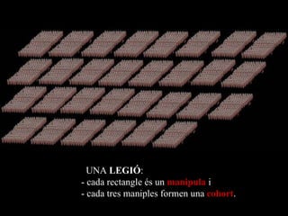 UNA  LEGIÓ :  - cada rectangle és un  manipula  i  - cada tres maniples formen una  cohort .  