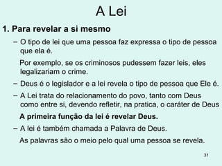 31
21.24 Ser justo de maneira equitativa.
25.18 Dois querubins – Deus condena a idolatria e não a arte.
26.1 O Tabernáculo era um pátio de 45 x 22,5m, tamanho de
uma quadra de futebol, nele o Templo de 13,5 x 4,5m e
dentro duas alas: o santo e em separado o santíssimo, onde
ficava a arca e sobre sua tampa (aquilo que
cobre = propiciatório) Deus se encontraria
com Moisés (25.22). (curiosidade 20.26).
32.1-4 Por 40 dias Moisés ficou no topo do Sinai, recebendo
as instruções sobre o Tabernáculo, e seu irmão lá embaixo
acha que Deus os abandonara e faz um ídolo substui-Lo.
32.5,6 Num sincretismo religioso dedicam uma festa a Deus e
ao bezerro (simboliza a fertilidade masculina, uma orgia
sexual no deserto).
 
