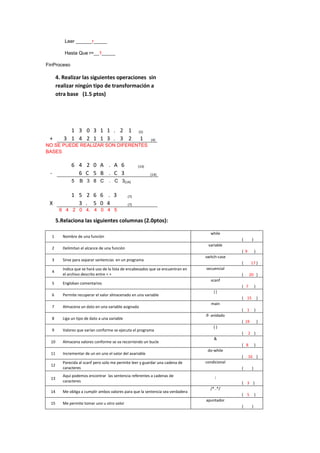Leer ______r_____
Hasta Que r=__1_____
FinProceso
4. Realizar las siguientes operaciones sin
realizar ningún tipo de transformación a
otra base (1.5 ptos)
1 3 0 3 1 1 . 2 1 (5)
+ 3 1 4 2 1 1 3 . 3 2 1 (4)
NO SE PUEDE REALIZAR SON DIFERENTES
BASES
6 4 2 0 A . A 6 (14)
- 6 C 5 B . C 3 (14)
5 B 3 8 C . C 3(14)
1 5 2 6 6 . 3 (7)
X 3 . 5 0 4 (7)
6 4 2 0 4. 4 0 4 5
5.Relaciona las siguientes columnas (2.0ptos):
1 Nombre de una función
while
( )
2 Delimitan el alcance de una función
variable
( 9 )
3 Sirve para separar sentencias en un programa
switch-case
( 17 )
4
Indica que se hará uso de la lista de encabezados que se encuentran en
el archivo descrito entre < >
secuencial
( 20 )
5 Engloban comentarios
scanf
( 7 )
6 Permite recuperar el valor almacenado en una variable
||
( 15 )
7 Almacena un dato en una variable asignada
main
( 1 )
8 Liga un tipo de dato a una variable
if- anidado
( 19 )
9 Valores que varían conforme se ejecuta el programa
{ }
( 2 )
10 Almacena valores conforme se va recorriendo un bucle
&
( 8 )
11 Incrementar de un en uno el valor del avariable
do-while
( 16 )
12
Parecida al scanf pero solo me permite leer y guardar una cadena de
caracteres
condicional
( )
13
Aquí podemos encontrar las sentencia referentes a cadenas de
caracteres
;
( 3 )
14 Me obliga a cumplir ambos valores para que la sentencia sea verdadera
/*..*/
( 5 )
15 Me permite tomar uno u otro valor
apuntador
( )
 