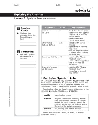 CopyrightbyTheMcGraw-HillCompanies.
23
NAME _______________________________________ DATE _______________ CLASS _________
Exploring the Americas
netw rks
Reading
Check
4. What can you
conclude about the
Seven Cities of
Gold?
Contrasting
5. How was a pueblo
different from a
mission?
Explorer Year Achievement
Juan Ponce
de León
1513 • landed on Florida coast
• established first Spanish
settlement in modern
United States
• searched for the
“Fountain of Youth”
Álvar Núñez
Cabeza de Vaca
1528 • sailed south toward
Mexico
• spent time in present-
day Texas
• told his eager audience
a legend about “Seven
Cities of Gold”
Hernando de Soto 1541 • searched for “Seven
Cities of Gold”
• crossed Mississippi River
• got as far west as
Oklahoma
Francisco Vásquez
de Coronado
• searched for “Seven
Cities of Gold”
• wound up in present-
day Kansas
Life Under Spanish Rule
In 1598 Juan de Oñate (day ohn•YAH•tay) traveled north
from Mexico. He started the province of New Mexico. He
established Santa Fe in 1607. Santa Fe was the first
Spanish city there. It became the province capital in 1610.
Spanish law called for three kinds of settlements in their
colonies: pueblos, missions, or presidios.
pueblo town, trading center
mission religious community, including a small
town, surrounding farmland, a church;
goal of the mission was to spread the
Catholic religion and the Spanish way of
life among the Native Americans
presidio fort, usually built near a mission
There were different classes, or levels, in Spanish
American society:
Lesson 3 Spain in America, Continued
 