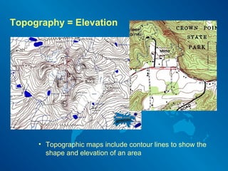 Topography = Elevation
• Topographic maps include contour lines to show the
shape and elevation of an area
 