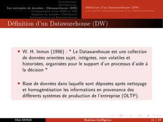 Introduction
Introduction
Les entrepôts de données : Datawarehouse (DW)
Comparaison entre BDD et DW
Magasin de données (Datamart)
Architecture d'un Datawarehouse
Dénition d'un Datawarehouse (DW)
Les quatre caractéristiques d'un Datawarehouse
Dénition d'un Datawarehouse (DW)
• W. H. Inmon (1996) :  Le Datawarehouse est une collection
de données orientées sujet, intégrées, non volatiles et
historisées, organisées pour le support d'un processus d'aide à
la décision 
• Base de données dans laquelle sont déposées après nettoyage
et homogénéisation les informations en provenance des
diérents systèmes de production de l'entreprise (OLTP).
Med AMNAI Business Intelligence 11 / 27
 