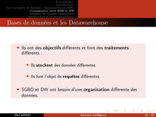 Introduction
Introduction
Les entrepôts de données : Datawarehouse (DW)
Comparaison entre BDD et DW
Magasin de données (Datamart)
Architecture d'un Datawarehouse
Bases de données et les Datawarehouse
• Ils ont des objectifs diérents et font des traitements
diérents :
• Ils stockent des données diérentes.
• Ils font l'objet de requêtes diérentes.
• SGBD et DW ont besoin d'une organisation diérente des
données.
Med AMNAI Business Intelligence 16 / 27
 