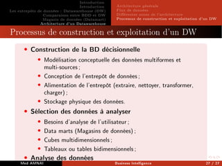 Introduction
Introduction
Les entrepôts de données : Datawarehouse (DW)
Comparaison entre BDD et DW
Magasin de données (Datamart)
Architecture d'un Datawarehouse
Architecture générale
Flux de données
Diérentes zones de l'architecture
Processus de construction et exploitation d'un DW
Processus de construction et exploitation d'un DW
• Construction de la BD décisionnelle
• Modélisation conceptuelle des données multiformes et
multi-sources;
• Conception de l'entrepôt de données;
• Alimentation de l'entrepôt (extraire, nettoyer, transformer,
charger);
• Stockage physique des données.
• Sélection des données à analyser
• Besoins d'analyse de l'utilisateur;
• Data marts (Magasins de données);
• Cubes multidimensionnels;
• Tableaux ou tables bidimensionnels;
• Analyse des données
Med AMNAI Business Intelligence 27 / 27
 