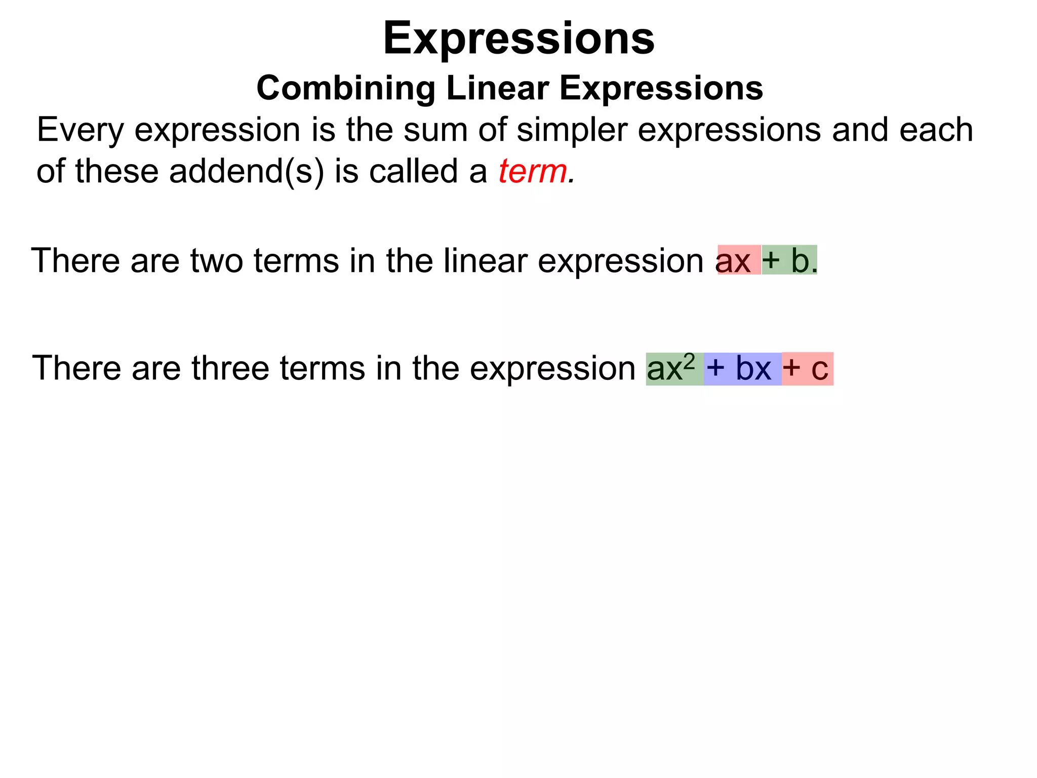 Expressions
Combining Linear Expressions
Every expression is the sum of simpler expressions and each
of these addend(s) is called a term.
There are two terms in the linear expression ax + b.
There are three terms in the expression ax2 + bx + c
 