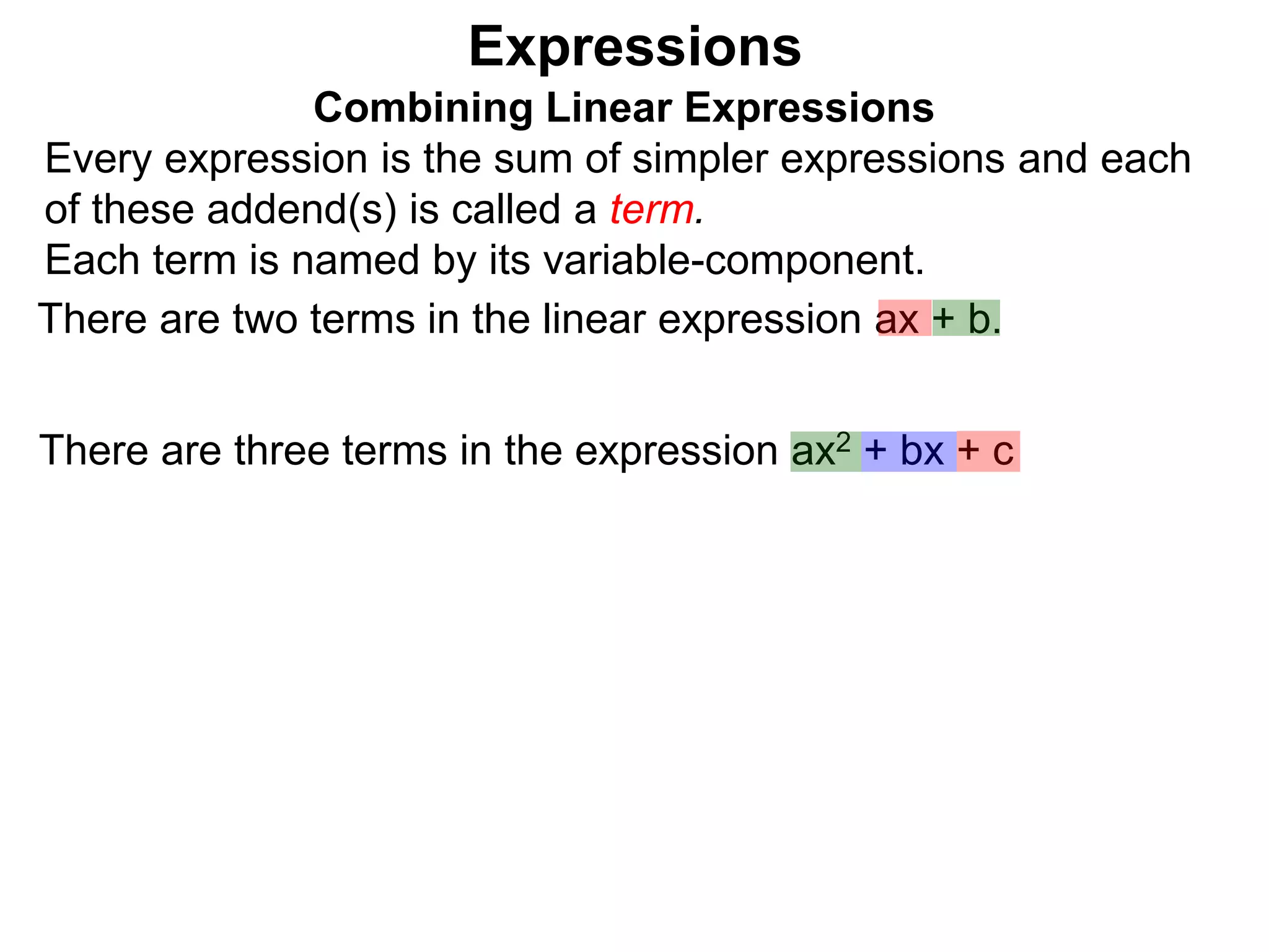 Expressions
Combining Linear Expressions
Every expression is the sum of simpler expressions and each
of these addend(s) is called a term.
Each term is named by its variable-component.
There are two terms in the linear expression ax + b.
There are three terms in the expression ax2 + bx + c
 