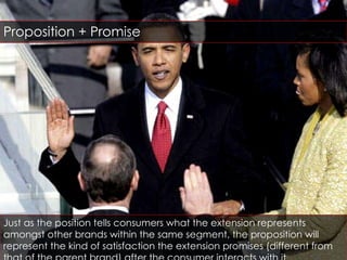 Proposition + Promise Just as the position tells consumers what the extension represents amongst other brands within the same segment, the proposition will represent the kind of satisfaction the extension promises (different from that of the parent brand) after the consumer interacts with it 