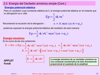 2.2. Energía del Oscilador armónico simple (Cont.)
 Energía potencial elástica
Para un oscilador cuya constante elástica es k, la energía potencial elástica en el instante que
su elongación es x vale:
                                                     1
                                                 Ep = ×k ×x 2
                                                     2
Recordando la ecuación de la elongación :                    x =A×sen (ω × + φ 0 )
                                                                          t
podemos expresar la energía potencial elástica del oscilador de esta manera:
                              1
                          Ep = × × 2 × 2 (ωt + φ 0 )
                                k A sen
                              2
Energía mecánica
Es la suma de las dos anteriores:
                1                       1
  E = Ec + Ep = × × 2 × 2 (ωt + φ 0 ) + × × 2 × 2 (ωt + φ 0 )
                  k A cos                 k A sen
                21                      2
              E = × × × cos (ωt + φ 0 ) +sen 2 (ωt + φ 0 ) 
                    k A 
                       2
                         
                            2
                                                           
                  2
                          1
                        E= × × 2
                            k A                         La energía mecánica de un oscilador armónico es
APPLET                    2                             una constante característica de éste directamente
Fendt                                                   proporcional al cuadrado de la amplitud.



        14/01/13             IPEP de Cádiz - Departamento de Física y Química - Física de 2º            22
 