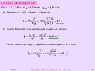 Ejercicio 27 de la página 109
Datos: L = 0,556 m si g = 9,75 m/s2 ; gLuna = 1,96 m/s2 ;

 a) Aplicando la ecuación del periodo del péndulo:


                                   L        0,556
                     T = 2π ×        = 2π ×        = 1,5 s
                                   g         9, 75
 b) Con los datos de la Tierra, calculamos la longitud L del péndulo:

                          g T ×TT 9,8 ×22
                                 2
                       L=          =      = 0,99 m
                            4π 2
                                     4π 2



   Y una vez conocida su longitud, ya podemos calcular su periodo en la Luna:


                                           L         0,99
                           TL = 2π ×          = 2π ×      = 4, 47 s
                                           gL        1,96




        14/01/13              IPEP de Cádiz - Departamento de Física y Química - Física de 2º   26
 