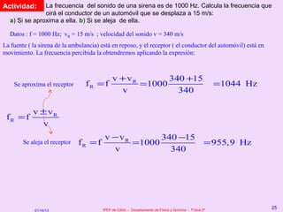 Actividad:     La frecuencia del sonido de una sirena es de 1000 Hz. Calcula la frecuencia que
               oirá el conductor de un automóvil que se desplaza a 15 m/s:
  a) Si se aproxima a ella. b) Si se aleja de ella.

  Datos : f = 1000 Hz; vR = 15 m/s ; velocidad del sonido v = 340 m/s
La fuente ( la sirena de la ambulancia) está en reposo, y el receptor ( el conductor del automóvil) está en
movimiento. La frecuencia percibida la obtendremos aplicando la expresión:



                                              v + vR       340 +15
    Se aproxima el receptor      fR = f              =1000                                              =1044 Hz
                                                v            340

        v ± vR
 fR = f
          v
                                      v − vR       340 −15
        Se aleja el receptor   fR = f        =1000                                                  = 955,9 Hz
                                        v            340




                                         IPEP de Cádiz - Departamento de Física y Química - Física 2º
                                                                                                                   25
             01/14/13
 
