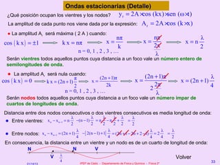 Ondas estacionarias (Detalle)
  ¿Qué posición ocupan los vientres y los nodos?   y r = 2A ×cos (kx) × (ω ×t)
                                                                       sen
  La amplitud de cada punto nos viene dada por la expresión: A r = 2A ×cos (k ×x)
  ● La amplitud Ar será máxima ( 2 A ) cuando:
                                                                      nπ                          nπ               λ
 cos ( k x ) = ±1                   k x = nπ                  x=                          x=                 x=n
                                                                      k                           2π               2
                                          n = 0, 1 , 2 , 3 , …
                                                                                                   λ
  Serán vientres todos aquellos puntos cuya distancia a un foco vale un número entero de
  semilongitudes de onda.
  ● La amplitud Ar será nula cuando:                                                        (2n + 1)π
                                  π            (2n + 1)π                                                                  λ
cos ( k x ) = 0    k x = (2n + 1)         x=                                        x=                     x = (2n + 1)
                                  2               2k                                            2π                        4
                            n = 0, 1 , 2 , 3 , …                                              2
                                                                                                 λ
  Serán nodos todos aquellos puntos cuya distancia a un foco vale un número impar de
  cuartos de longitudes de onda.
 Distancia entre dos nodos consecutivos o dos vientres consecutivos es media longitud de onda:
                                      λ            λ        λ   λ λ         λ
 ● Entre vientres: x n − x n −1 = n       −(n − 1) = n − n +             =
                                      2            2       2    2 2         2
                                          λ                   λ                       λ    λ   λ
 ●   Entre nodos: x n − x n −1 = (2n + 1)    − [ 2(n − 1) + 1] = (2n + 1 − 2n + 2 − 1) = 2   =
                                          4                   4                       4    4   2
 En consecuencia, la distancia entre un vientre y un nodo es de un cuarto de longitud de onda:
          N                     N          V
                          V     λ
                                                                                                          Volver
                                4                                                                                         33
             01/14/13                      IPEP de Cádiz - Departamento de Física y Química - Física 2º
 