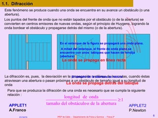 1.1. Difracción
 Este fenómeno se produce cuando una onda se encuentra en su avance un obstáculo (o una
 abertura).
 Los puntos del frente de onda que no están tapados por el obstáculo (o de la abertura) se
 convierten en centros emisores de nuevas ondas, según el principio de Huygens, logrando la
 onda bordear el obstáculo y propagarse detrás del mismo (o de la abertura).



                                    En el estanque de la figura se propagará una onda plana.
                                     A mitad del estanque, el frente de onda plano se
                                    encuentra con unos tabiques que hacen de rendija
                                    (abertura)
                                      La onda se propaga en línea recta



 La difracción es, pues, la desviación en la propagación la aberturade las ondas, cuando éstas
                                             El tamaño de rectilínea se reduce
 atraviesan una abertura o pasan próximas a un obstáculo de tamaño igual a su longitud de
 onda                                    La onda se propaga detrás del tabique
  Para que se produzca la difracción de una onda es necesario que se cumpla la siguiente
  relación :
                                   longitud de onda
                                                                ≥1
   APPLET1                 tamaño del obstáculoo de la abertura                                  APPLET2
   A.Franco                                                                                      P.Newton
                                  IPEP de Cádiz - Departamento de Física y Química - Física 2º
                                                                                                            6
          01/14/13
 
