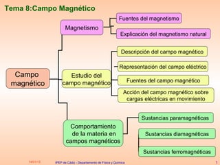 Tema 8:Campo Magnético
                                                            Fuentes del magnetismo
                      Magnetismo
                                                            Explicación del magnetismo natural


                                                             Descripción del campo magnético

                                                            Representación del campo eléctrico
  Campo                Estudio del
                                                                   Fuentes del campo magnético
 magnético          campo magnético
                                                              Acción del campo magnético sobre
                                                               cargas eléctricas en movimiento


                                                                        Sustancias paramagnéticas
                        Comportamiento
                         de la materia en                                Sustancias diamagnéticas
                       campos magnéticos
                                                                         Sustancias ferromagnéticas
     14/01/13   IPEP de Cádiz - Departamento de Física y Química                                      1
 