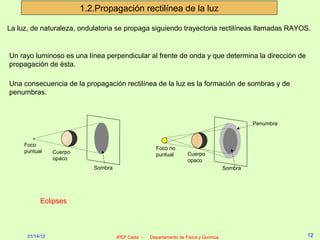 1.2.Propagación rectilínea de la luz

La luz, de naturaleza, ondulatoria se propaga siguiendo trayectoria rectilíneas llamadas RAYOS.


Un rayo luminoso es una línea perpendicular al frente de onda y que determina la dirección de
propagación de ésta.

Una consecuencia de la propagación rectilínea de la luz es la formación de sombras y de
penumbras.



                                                                                                 Penumbra



     Foco
                                                       Foco no
     puntual     Cuerpo                                puntual        Cuerpo
                 opaco                                                opaco
                             Sombra                                                     Sombra




           Eclipses



      01/14/13                        IPEP Cádiz -   Departamento de Física y Química                       12
 