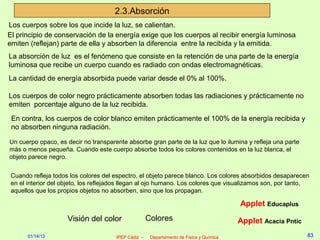 2.3.Absorción
Los cuerpos sobre los que incide la luz, se calientan.
El principio de conservación de la energía exige que los cuerpos al recibir energía luminosa
emiten (reflejan) parte de ella y absorben la diferencia entre la recibida y la emitida.
La absorción de luz es el fenómeno que consiste en la retención de una parte de la energía
luminosa que recibe un cuerpo cuando es radiado con ondas electromagnéticas.
La cantidad de energía absorbida puede variar desde el 0% al 100%.

Los cuerpos de color negro prácticamente absorben todas las radiaciones y prácticamente no
emiten porcentaje alguno de la luz recibida.
 En contra, los cuerpos de color blanco emiten prácticamente el 100% de la energía recibida y
 no absorben ninguna radiación.

Un cuerpo opaco, es decir no transparente absorbe gran parte de la luz que lo ilumina y refleja una parte
más o menos pequeña. Cuando este cuerpo absorbe todos los colores contenidos en la luz blanca, el
objeto parece negro.


Cuando refleja todos los colores del espectro, el objeto parece blanco. Los colores absorbidos desaparecen
en el interior del objeto, los reflejados llegan al ojo humano. Los colores que visualizamos son, por tanto,
aquellos que los propios objetos no absorben, sino que los propagan.

                                                                                         Applet Educaplus
                     Visión del color                Colores                             Applet Acacia Pntic
      01/14/13                        IPEP Cádiz -    Departamento de Física y Química                         83
 