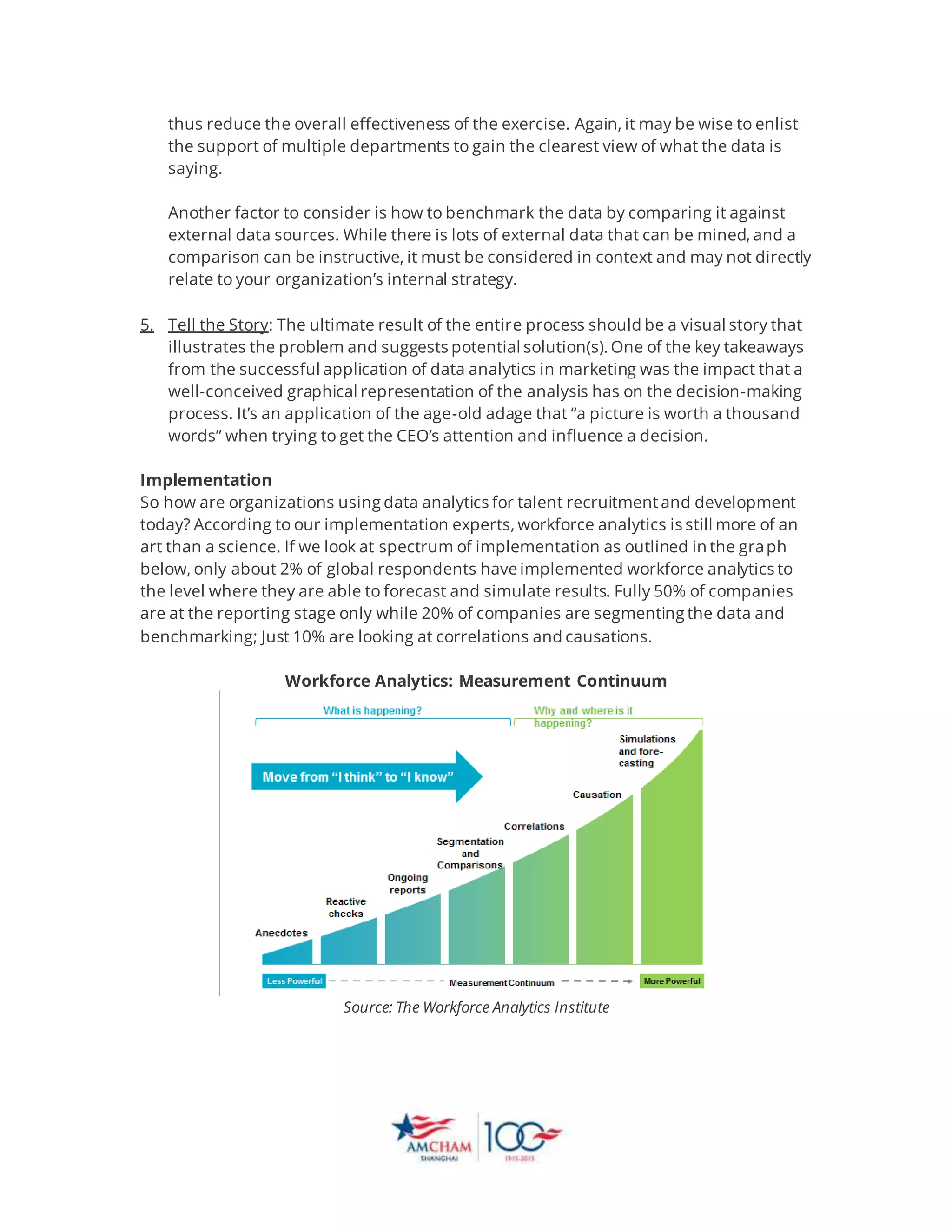 thus reduce the overall effectiveness of the exercise. Again, it may be wise to enlist
the support of multiple departments to gain the clearest view of what the data is
saying.
Another factor to consider is how to benchmark the data by comparing it against
external data sources. While there is lots of external data that can be mined, and a
comparison can be instructive, it must be considered in context and may not directly
relate to your organization’s internal strategy.
5. Tell the Story: The ultimate result of the entire process should be a visual story that
illustrates the problem and suggests potential solution(s). One of the key takeaways
from the successful application of data analytics in marketing was the impact that a
well-conceived graphical representation of the analysis has on the decision-making
process. It’s an application of the age-old adage that “a picture is worth a thousand
words” when trying to get the CEO’s attention and influence a decision.
Implementation
So how are organizations using data analytics for talent recruitmentand development
today? According to our implementation experts, workforce analytics is still more of an
art than a science. If we look at spectrum of implementation as outlined in the graph
below, only about 2% of global respondents have implemented workforce analytics to
the level where they are able to forecast and simulate results. Fully 50% of companies
are at the reporting stage only while 20% of companies are segmenting the data and
benchmarking; Just 10% are looking at correlations and causations.
Workforce Analytics: Measurement Continuum
Source: The Workforce Analytics Institute
 