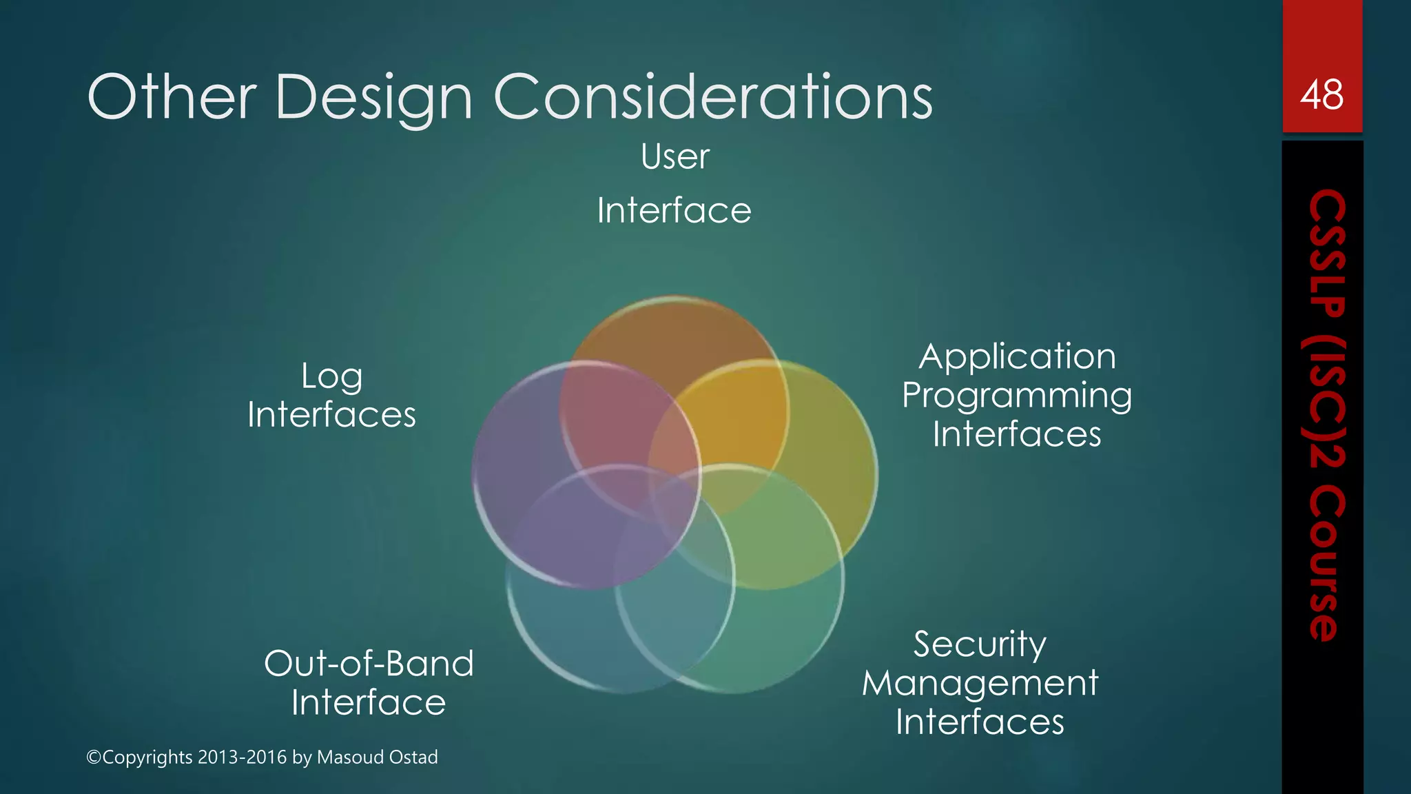©Copyrights 2013-2016 by Masoud Ostad
Other Design Considerations
User
Interface
Application
Programming
Interfaces
Security
Management
Interfaces
Out-of-Band
Interface
Log
Interfaces
48
 