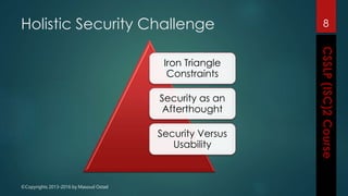 ©Copyrights 2013-2016 by Masoud Ostad
Holistic Security Challenge
Iron Triangle
Constraints
Security as an
Afterthought
Security Versus
Usability
8
 