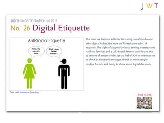 100 THINGS TO WATCH IN 2011

No. 26 Digital Etiquette
                                        The more we become addicted to texting, social media and
                                        other digital habits, the more we’ll need some rules of
                                        etiquette. The sight of couples furiously texting at restaurants
                                        is all too familiar, and a U.S.-based Retrevo study found that
                                        11 percent of people under age 25 feel it’s OK to interrupt sex
                                        to check an electronic message. Watch as more people
                                        implore friends and family to show some digital decorum.




Photo credit: Intersection Consulting
                                                                                       | Back to 100 |
 