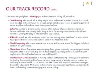 OUR TRACK RECORD (cont’d.)
• In 2009, we spotlighted Lady Gaga just as her career was taking off, as well as:
  – Crowdfun...